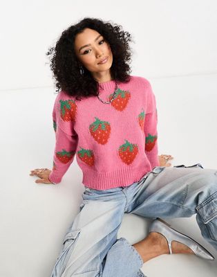 Daisy Street boxy chunky sweater in pink strawberry knit