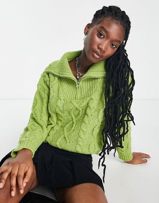 Daisy Street cable knit sweater with collar in green