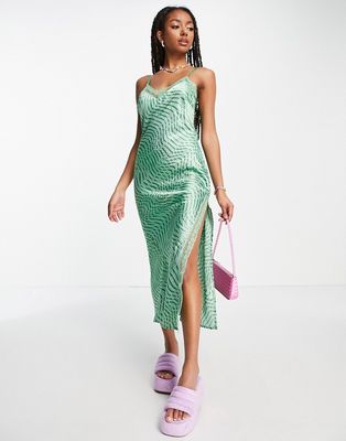 Daisy Street cami slip midi dress with lace trim in wavy green satin