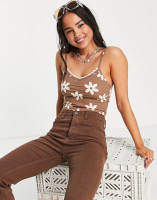 Daisy Street cami top with lace trim in daisy print-Brown
