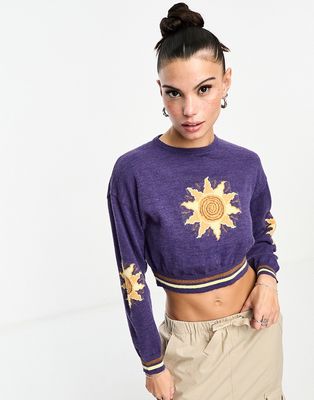 Daisy Street cropped sweater with retro sun knit-Blue