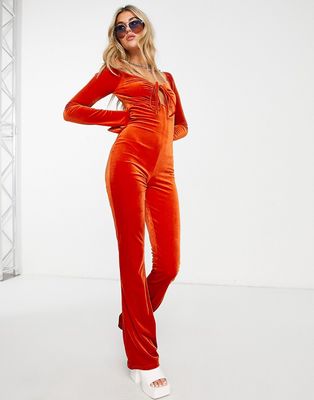 Daisy Street cross front 70s style velvet jumpsuit-Orange