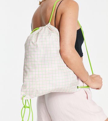 Daisy Street Exclusive drawstring backpack in pink and green gingham-Multi