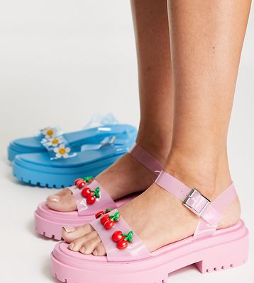 Daisy Street Exclusive flat sandals with cherries in pink vinyl
