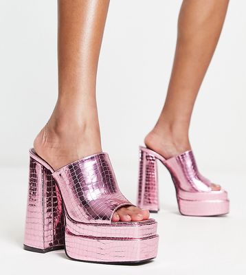 Daisy Street Exclusive platform mule sandals in pink croc metallic