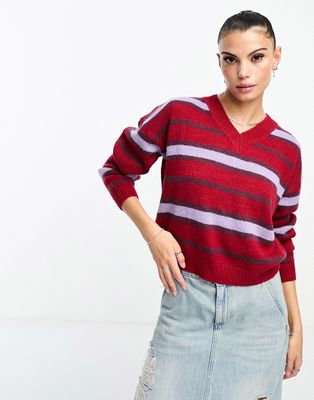 Daisy Street fitted v neck sweater in fluffy stripe knit-Multi