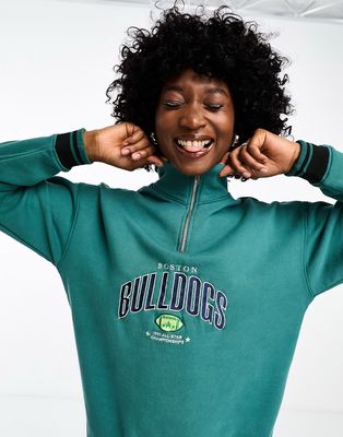 Daisy Street half zip sweatshirt with bulldogs graphic in washed green