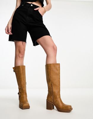 Daisy Street harness knee boots in tan-Brown
