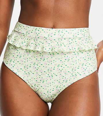 Daisy Street high waist bikini bottoms with frill trim in vintage floral print-Green