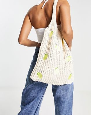 Daisy Street lemon embroidered crochet tote bag-Neutral