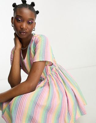 Daisy Street linen mini smock dress in rainbow stripe-Multi