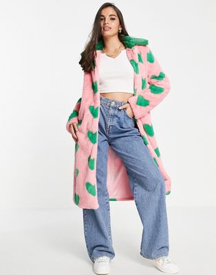 DAISY STREET LONGLINE FAUX FUR COAT IN CONTRAST HEART PRINT-Pink
