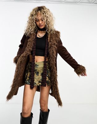 Daisy Street longline faux suede and shearling coat in chocolate-Brown