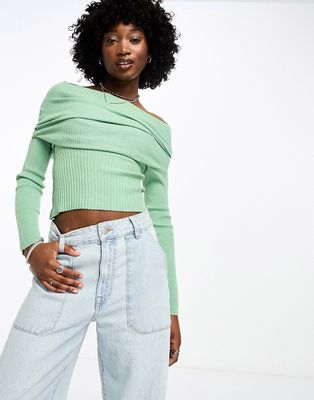 Daisy Street off shoulder fitted sweater in green knit