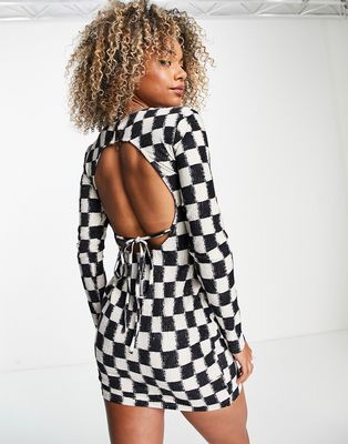 Daisy Street open back body-conscious mini dress in checkboard velvet plisse-Multi