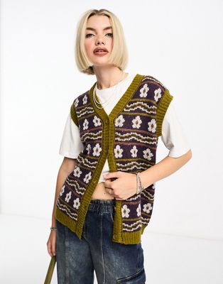 Daisy Street oversized grandad retro knit button up vest-Multi