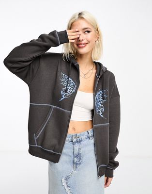 Daisy Street oversized zip front hoodie in washed gray with butterfly graphic