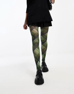 Daisy Street plaid print tights in black and green