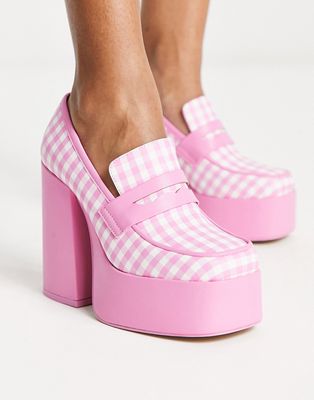 Daisy Street platform heeled loafers in pink gingham