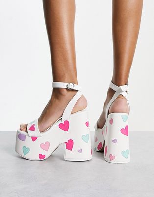 Daisy Street platform heeled sandals in white with heart print-Multi