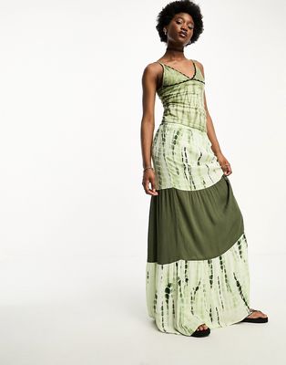 Daisy Street pleated maxi skirt in khaki tie dye - part of a set-Green