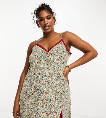 Daisy Street Plus 90s mini cami dress in vintage print with contrast lace-Multi