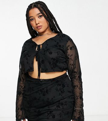 Daisy Street Plus cropped tie front top in black velvet floral burnout - part of a set