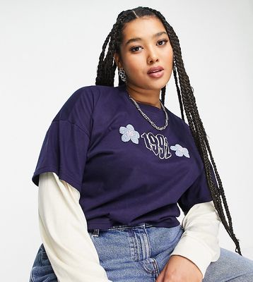 Daisy Street Plus double layer long sleeve skate t-shirt with puff 1992 graphic-Blue