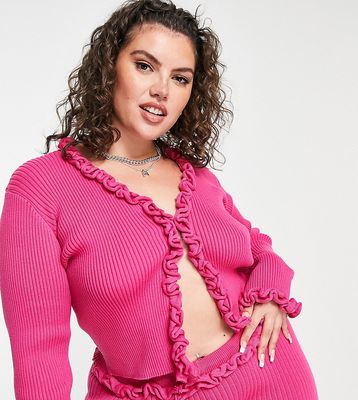 Daisy Street Plus fitted crop cardigan with frill detail in hot pink knit - part of a set