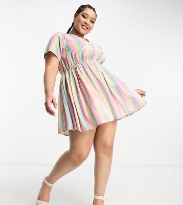 Daisy Street Plus linen mini smock dress in rainbow stripe-Multi