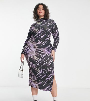 Daisy Street Plus long sleeve grunge midi body-conscious dress in tie dye with buttefly graphic-Multi