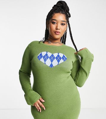 Daisy Street Plus mini knit dress with heart graphic and flared sleeves-Green