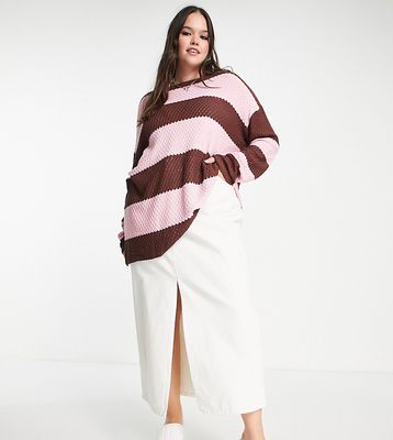 Daisy Street Plus oversized open knit sweater in brown pink stripe-Multi