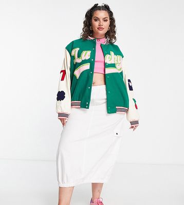 Daisy Street Plus oversized varsity jacket with dice applique back-Green
