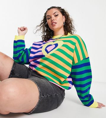 Daisy Street Plus relaxed boxy knit sweater in mix stripe print with heart graphic-Multi