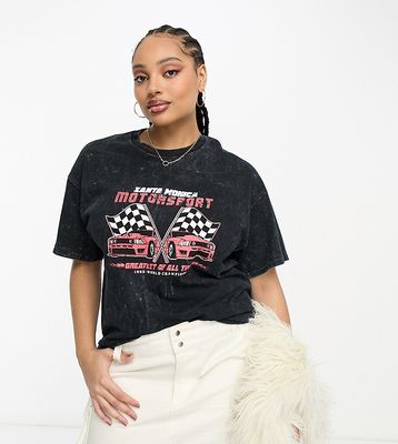 Daisy Street Plus relaxed motorsport grunge t-shirt in washed black-White