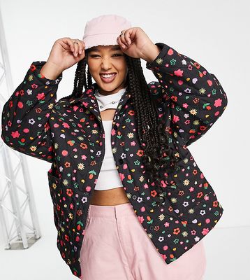 Daisy Street Plus relaxed puffer jacket in multi floral print-Black
