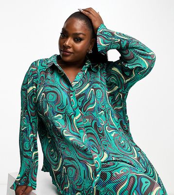 Daisy Street Plus relaxed shirt in plisse swirl - part of a set-Green