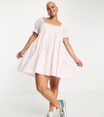 Daisy Street Plus square neck smock dress with puff sleeves in pink