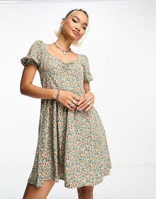 Daisy Street puff sleeve mini tea dress in vintage ditsy-Multi