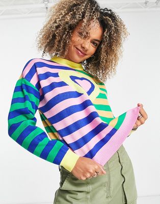 Daisy Street relaxed boxy knit sweater in mix stripe print with heart graphic-Pink