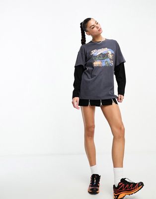 Daisy Street relaxed double layer t-shirt with boston graphic in gray and black