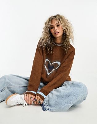 Daisy Street relaxed sweater in brown with retro heart knit