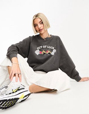 Daisy Street relaxed sweatshirt in vintage wash with lucky graphic-Gray