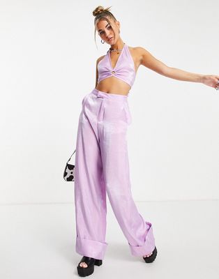 Daisy Street ring detail halter neck crop top in shimmer lilac - part of a set-Purple