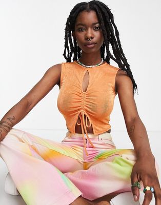Daisy Street slinky crop top with ruched tie front in orange - part of a set