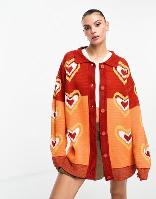 Daisy Street slouchy collar cardigan in retro heart knit-Multi