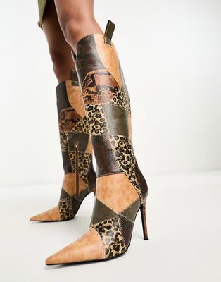 Daisy Street stilleto knee boots in tan patchwork-Multi