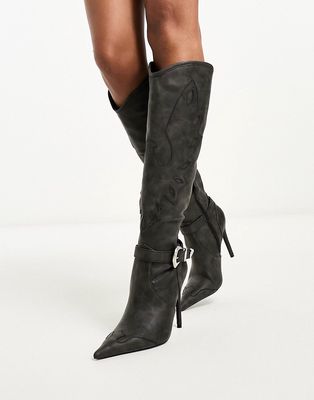 Daisy Street western stilleto knee boots with buckle in black