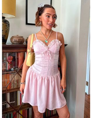 Daisy Street X Chloe Davie Y2K drop waist satin corset dress with frill hem-Pink